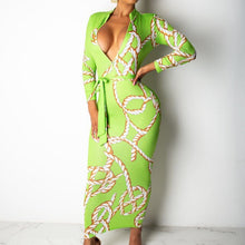 Load image into Gallery viewer, Women Rope Chain Print Dress Elegant Bodycon Sheath Slim Fit Pencil Dress Zipper Full Sleeve Tunic Office Lady Party Dresses