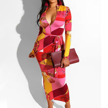 Load image into Gallery viewer, Women Rope Chain Print Dress Elegant Bodycon Sheath Slim Fit Pencil Dress Zipper Full Sleeve Tunic Office Lady Party Dresses
