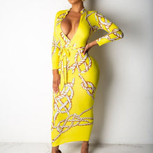 Load image into Gallery viewer, Women Rope Chain Print Dress Elegant Bodycon Sheath Slim Fit Pencil Dress Zipper Full Sleeve Tunic Office Lady Party Dresses