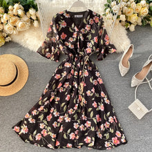 Load image into Gallery viewer, Ins Holiday Chiffon Printing V-collar Flare Sleeve Rope Draw High Waist Thin Dress Women Vintage Vestidos L088
