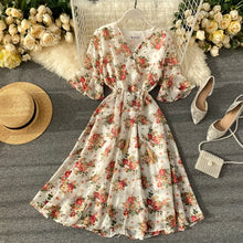 Load image into Gallery viewer, Ins Holiday Chiffon Printing V-collar Flare Sleeve Rope Draw High Waist Thin Dress Women Vintage Vestidos L088