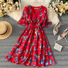 Load image into Gallery viewer, Ins Holiday Chiffon Printing V-collar Flare Sleeve Rope Draw High Waist Thin Dress Women Vintage Vestidos L088