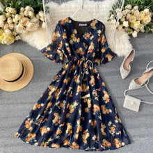 Load image into Gallery viewer, Ins Holiday Chiffon Printing V-collar Flare Sleeve Rope Draw High Waist Thin Dress Women Vintage Vestidos L088