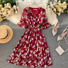 Load image into Gallery viewer, Ins Holiday Chiffon Printing V-collar Flare Sleeve Rope Draw High Waist Thin Dress Women Vintage Vestidos L088