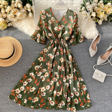 Load image into Gallery viewer, Ins Holiday Chiffon Printing V-collar Flare Sleeve Rope Draw High Waist Thin Dress Women Vintage Vestidos L088