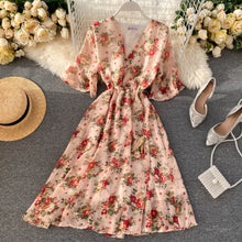 Load image into Gallery viewer, Ins Holiday Chiffon Printing V-collar Flare Sleeve Rope Draw High Waist Thin Dress Women Vintage Vestidos L088