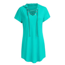 Load image into Gallery viewer, Women's Short Sleeve V-neck Hoodie Rope Solid Color Casual Pockets Mini Dress W516