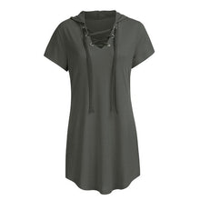 Load image into Gallery viewer, Women's Short Sleeve V-neck Hoodie Rope Solid Color Casual Pockets Mini Dress W516