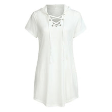 Load image into Gallery viewer, Women's Short Sleeve V-neck Hoodie Rope Solid Color Casual Pockets Mini Dress W516