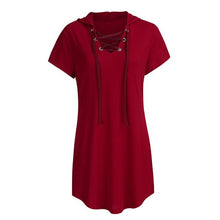 Load image into Gallery viewer, Women's Short Sleeve V-neck Hoodie Rope Solid Color Casual Pockets Mini Dress W516