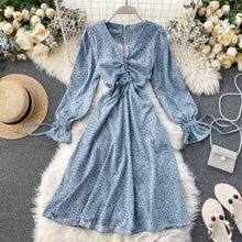 Load image into Gallery viewer, 2020 Spring Women's Sexy V-neck Draw Rope Pleats Slim Retro Print A-line Dress Lady Long Sleeve Casual Vestidos K932