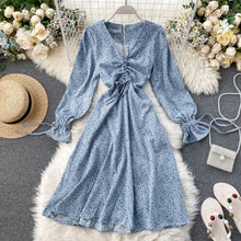 Load image into Gallery viewer, 2020 Spring Women's Sexy V-neck Draw Rope Pleats Slim Retro Print A-line Dress Lady Long Sleeve Casual Vestidos K932