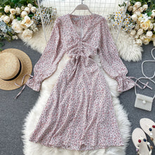 Load image into Gallery viewer, 2020 Spring Women's Sexy V-neck Draw Rope Pleats Slim Retro Print A-line Dress Lady Long Sleeve Casual Vestidos K932