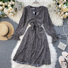 Load image into Gallery viewer, 2020 Spring Women's Sexy V-neck Draw Rope Pleats Slim Retro Print A-line Dress Lady Long Sleeve Casual Vestidos K932