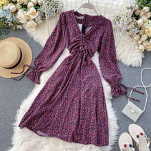 Load image into Gallery viewer, 2020 Spring Women's Sexy V-neck Draw Rope Pleats Slim Retro Print A-line Dress Lady Long Sleeve Casual Vestidos K932