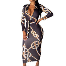 Load image into Gallery viewer, Women Rope Chain Print Dress Elegant Bodycon Sheath Slim Fit Pencil Dress Zipper Full Sleeve Tunic Office Lady Party Dresses
