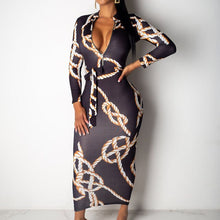 Load image into Gallery viewer, Women Rope Chain Print Dress Elegant Bodycon Sheath Slim Fit Pencil Dress Zipper Full Sleeve Tunic Office Lady Party Dresses

