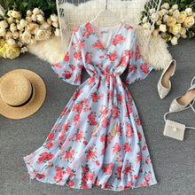 Load image into Gallery viewer, Ins Holiday Chiffon Printing V-collar Flare Sleeve Rope Draw High Waist Thin Dress Women  Vintage Vestidos L088

