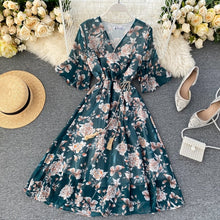 Load image into Gallery viewer, Ins Holiday Chiffon Printing V-collar Flare Sleeve Rope Draw High Waist Thin Dress Women  Vintage Vestidos L088
