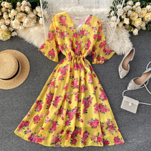 Load image into Gallery viewer, Ins Holiday Chiffon Printing V-collar Flare Sleeve Rope Draw High Waist Thin Dress Women  Vintage Vestidos L088
