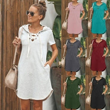 Load image into Gallery viewer, Women's Short Sleeve V-neck Hoodie Rope Solid Color Casual Pockets Mini Dress W516

