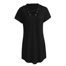 Load image into Gallery viewer, Women's Short Sleeve V-neck Hoodie Rope Solid Color Casual Pockets Mini Dress W516
