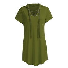 Load image into Gallery viewer, Women's Short Sleeve V-neck Hoodie Rope Solid Color Casual Pockets Mini Dress W516
