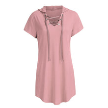 Load image into Gallery viewer, Women's Short Sleeve V-neck Hoodie Rope Solid Color Casual Pockets Mini Dress W516
