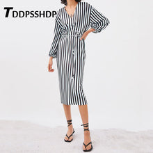 Load image into Gallery viewer, Black and White Stripe V Neck Women Dress Long Sleeve Waist Rope 2019 Spring Female Dresses
