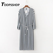 Load image into Gallery viewer, Black and White Stripe V Neck Women Dress Long Sleeve Waist Rope 2019 Spring Female Dresses
