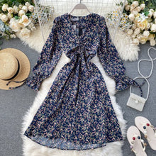 Load image into Gallery viewer, 2020 Spring Women's Sexy V-neck Draw Rope Pleats Slim Retro Print A-line Dress Lady Long Sleeve Casual Vestidos K932
