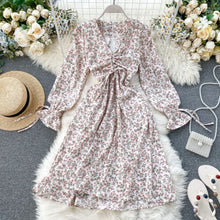 Load image into Gallery viewer, 2020 Spring Women's Sexy V-neck Draw Rope Pleats Slim Retro Print A-line Dress Lady Long Sleeve Casual Vestidos K932
