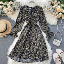 Load image into Gallery viewer, 2020 Spring Women's Sexy V-neck Draw Rope Pleats Slim Retro Print A-line Dress Lady Long Sleeve Casual Vestidos K932
